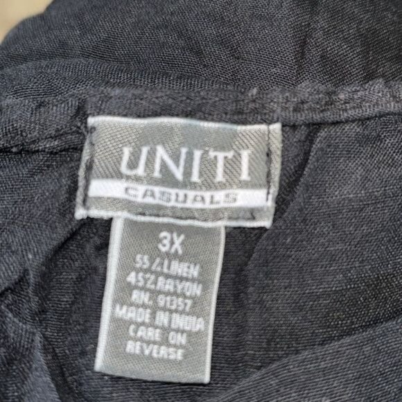 Uniti Casuals Black 3X Sleeveless Linen & Rayon Blouse With White Embroidered Ne - Picture 3 of 6